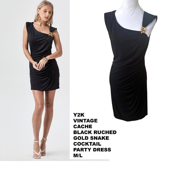VINTAGE CACHE Y2K BLACK RUCHED GOLD SNAKE COCKTAIL DRESS M/L - Picture 1 of 4